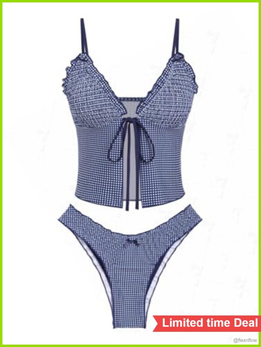 Smocked Tankini Set Gingham Bowknot Ruffles Tie Front V-Neck High Stretch